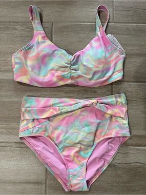 Lands' End Pastel Swirl Pink Mint Yellow Bikini Set